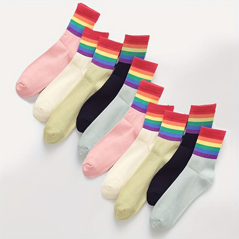 10 Pairs Rainbow Stripe Print Socks Women's Mid Tube Stockings