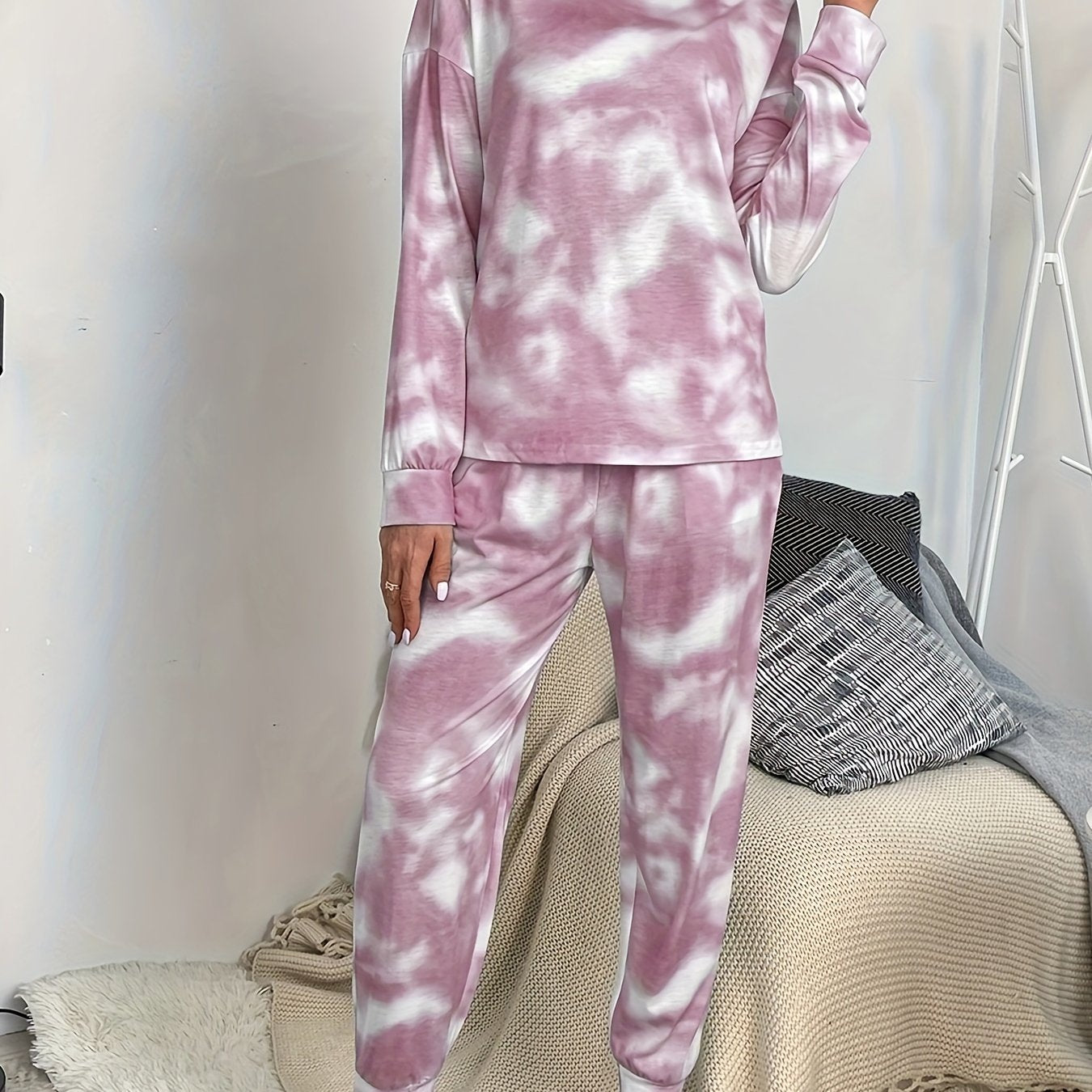 Tie Dye Print Lounge Set Long Sleeve Top & Pants Women's Loungewear