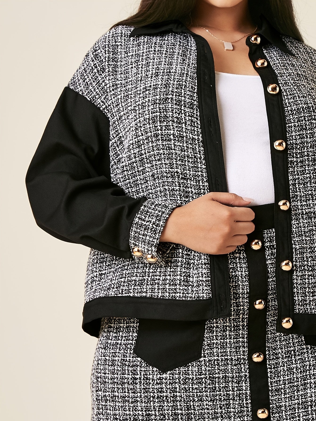  Colorblock Tweed Long Sleeve Coat & Midi Skirt Outfit Set