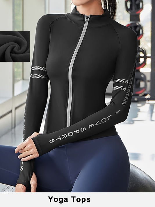Letter Pattern Yoga Jacket Fleece Lined Fitness Zip Top