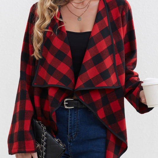 Plaid Print Open Front Jacket Long Sleeve Lapel Jacket