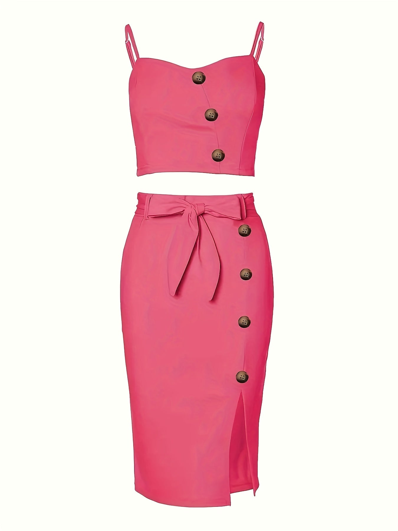 Button Front 2pc Set Spaghetti Strap Cami & Split Skirt Outfit