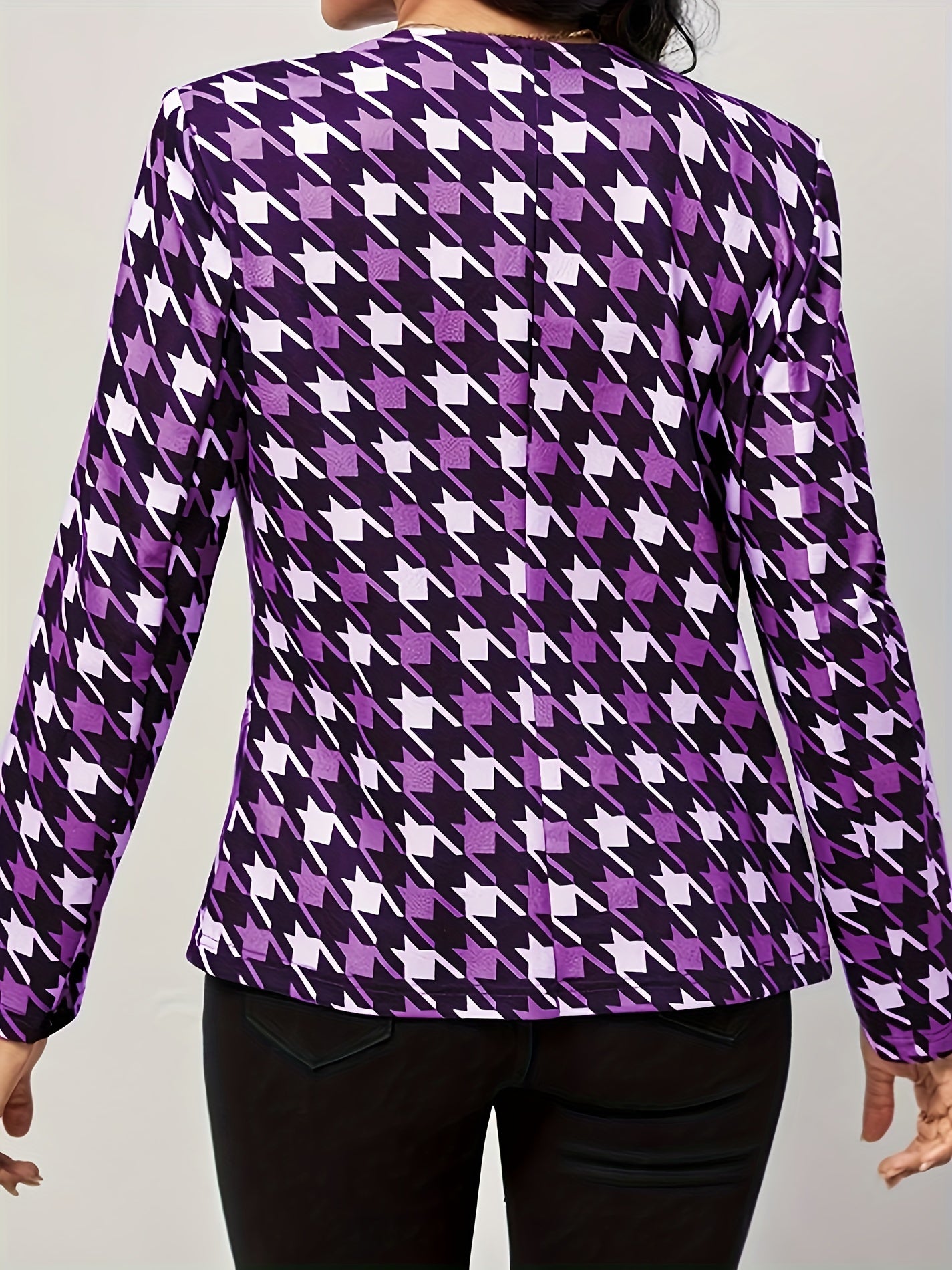  Houndstooth Print Long Sleeve Open Front Blazer
