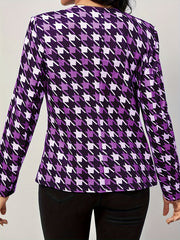  Houndstooth Print Long Sleeve Open Front Blazer