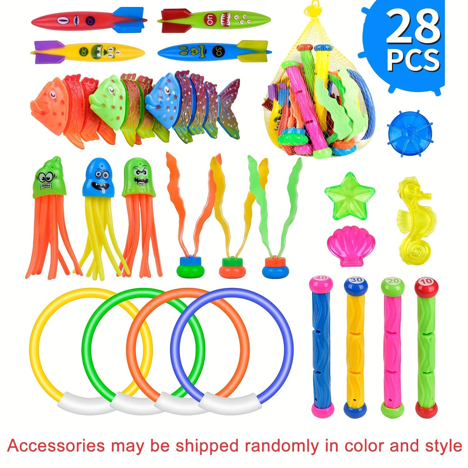 Diving Pool Toy Set - Underwater Swim Pool Games - Beach Dive Sticks Rings