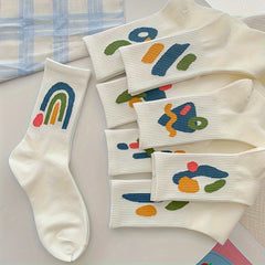 8 Pairs Graffiti Pattern Mid Tube Socks Soft Women's Stockings