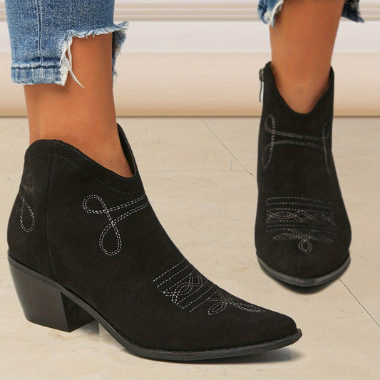 Women's Embroidered Heeled Ankle Boots Pointed Toe