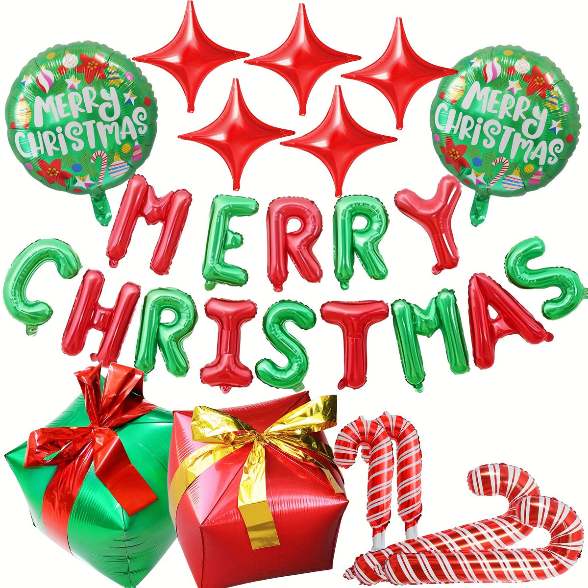 14pcs Christmas Balloon Set 'Merry Christmas' Candy Cane Quad Star Round