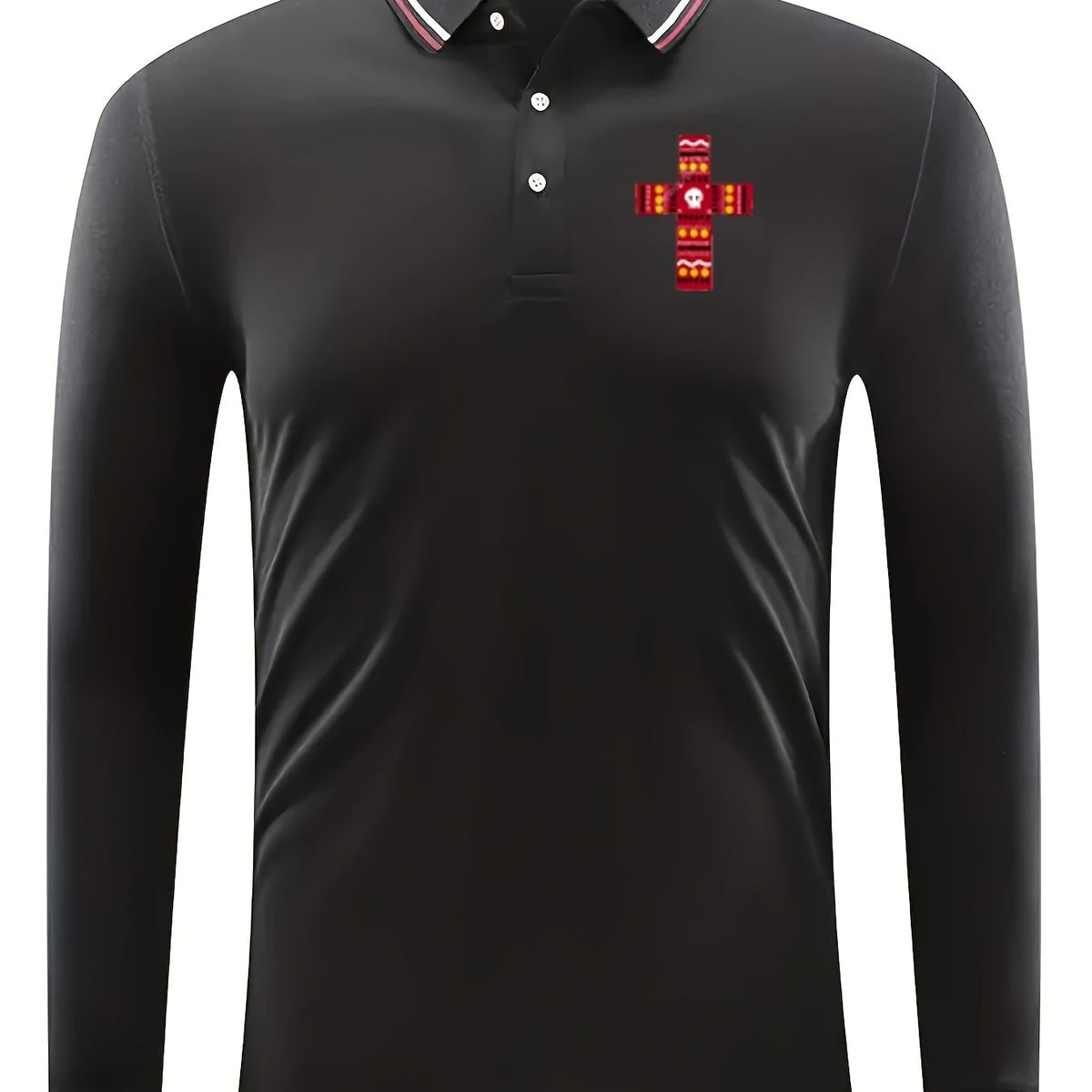 Cross Pattern Men's Casual Comfy Long Sleeve Polo Shirt