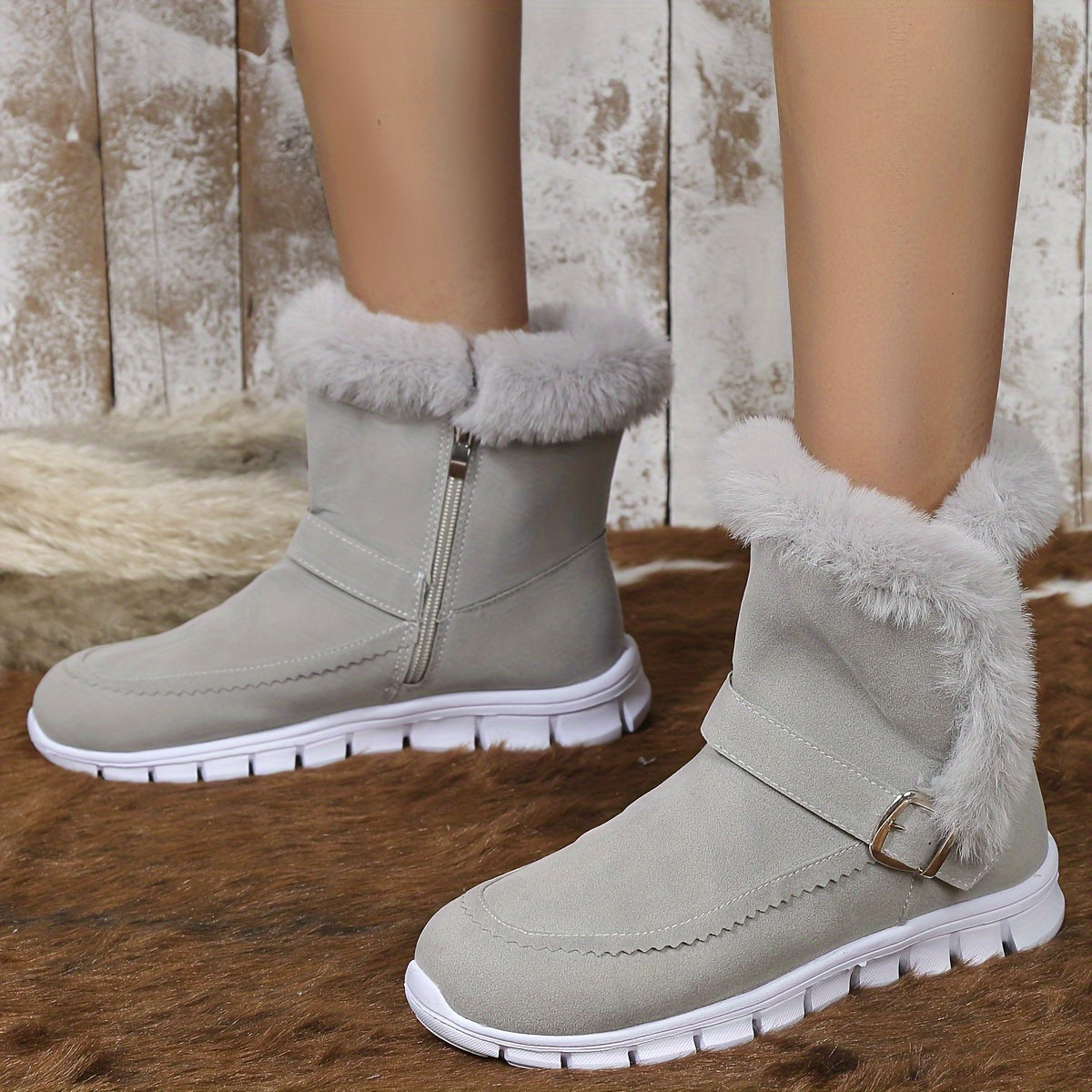 Plush Lined Thermal Furry Snow Boots Non Slip Side Zipper Snow Shoes