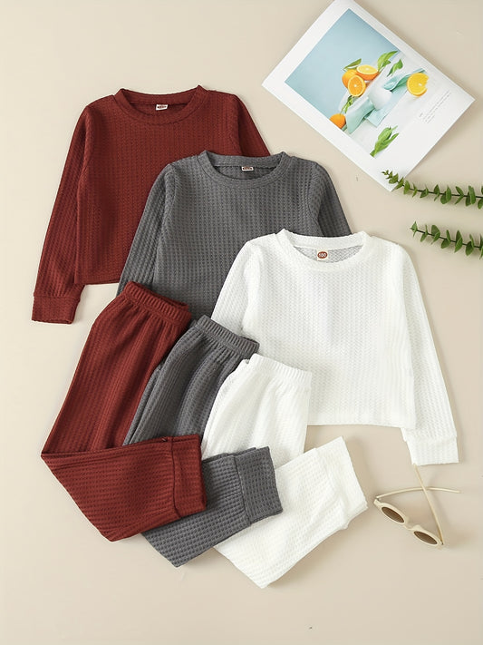 Girl's Waffle Sweatshirt & Sweatpants Set, Casual Outfit for Spring Fall