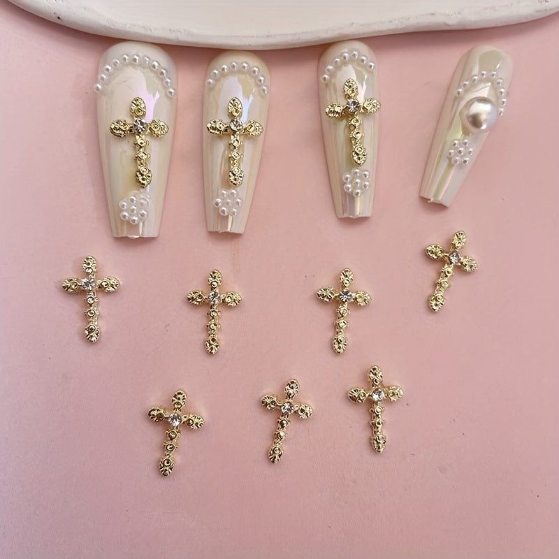 3D Cross Nail Charms with Pearl Gems and Rhinestones