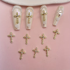 3D Cross Nail Charms with Pearl Gems and Rhinestones