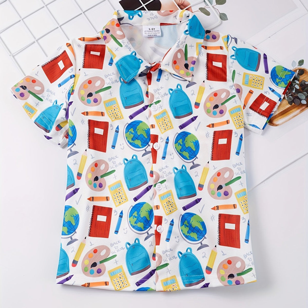 Boys Cartoon Palette Pencil School Bag Print Shirt Kids Summer Clothes