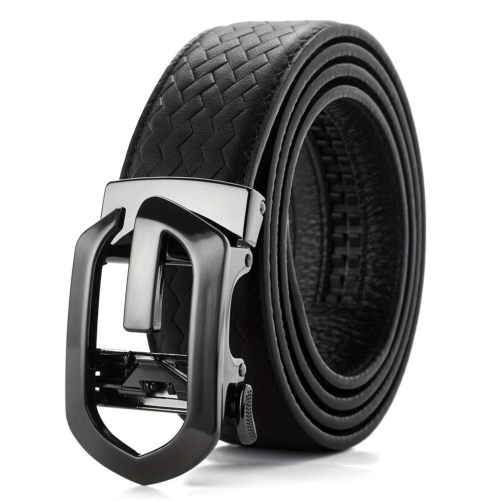 Men's Leather Belt Automatic Buckle Hollow Out Weaving Leather Micro Adjustable