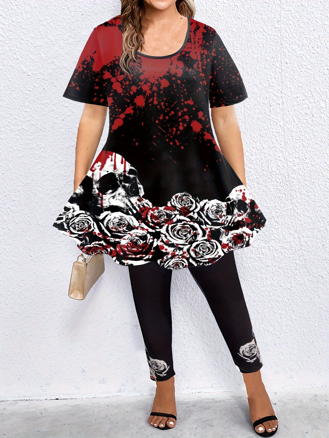  Gothic Rose Skull Print Top & Leggings Set