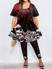  Gothic Rose Skull Print Top & Leggings Set