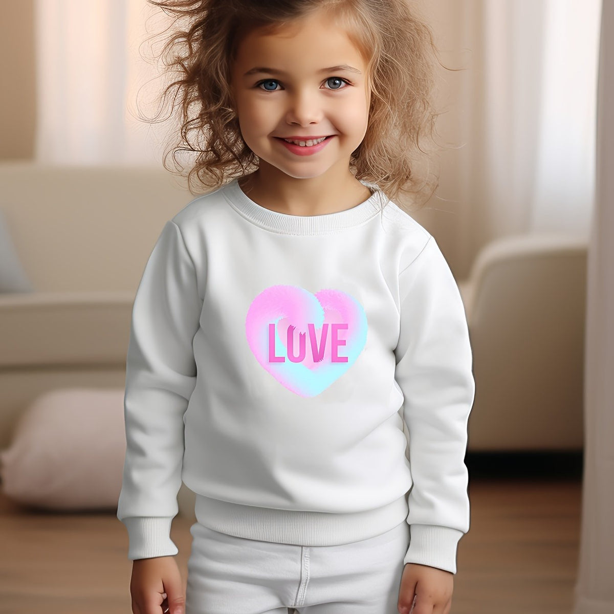Girls Love Heart Print Crew Neck Sweatshirt for Fall Winter