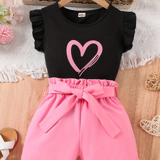 Girls Heart Print Sleeveless Top & Bow Shorts Set for Summer