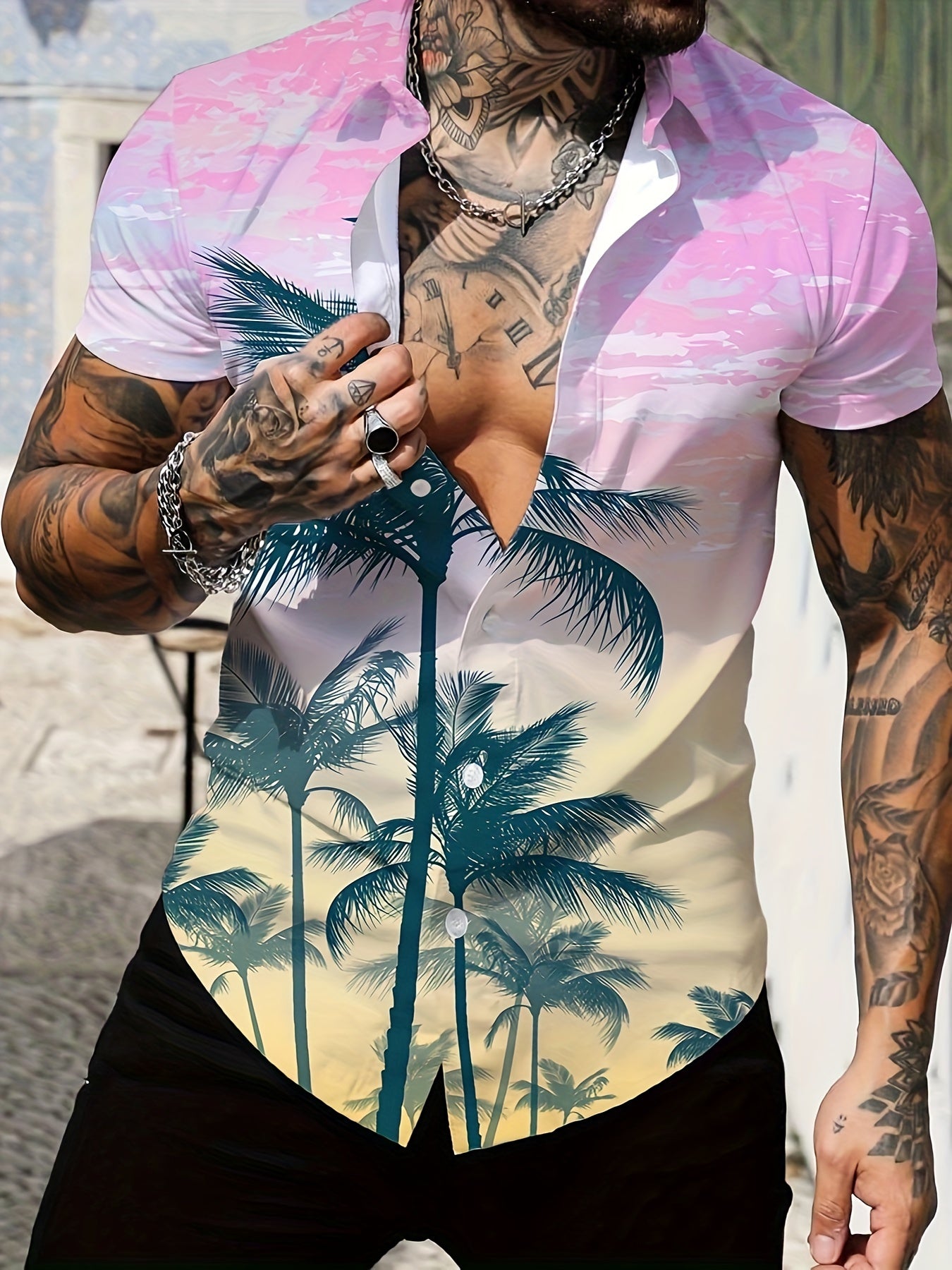 Coconut Tree Print Men's Casual Short Sleeve Shirt