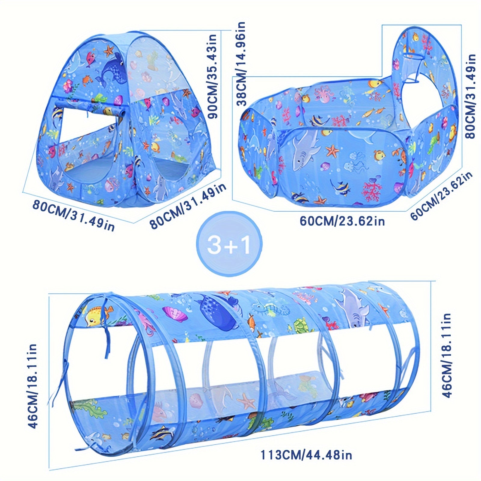 Kids Cartoon Ocean 3-in-1 Tent Game House Indoor Baby Foldable Tent Toy House