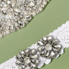 Stretch Lace Bridal Garter Sets With Rhinestones & Faux Pearl - 2pcs set