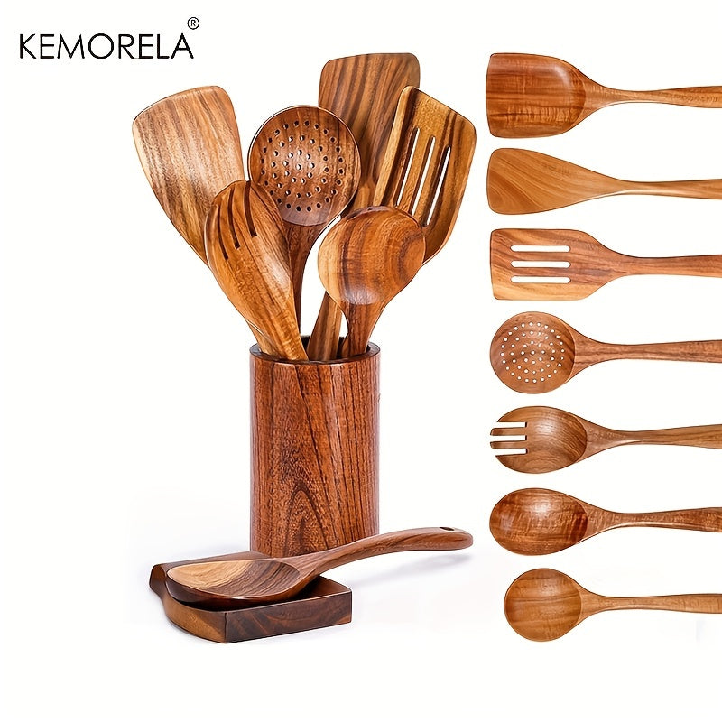 9pcs Wooden Spoons Utensils Holder Teak Kitchen Set with Spoon Rest