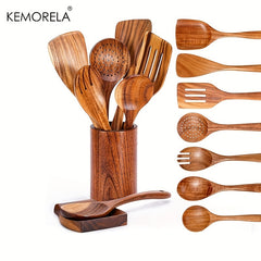 9pcs Wooden Spoons Utensils Holder Teak Kitchen Set with Spoon Rest