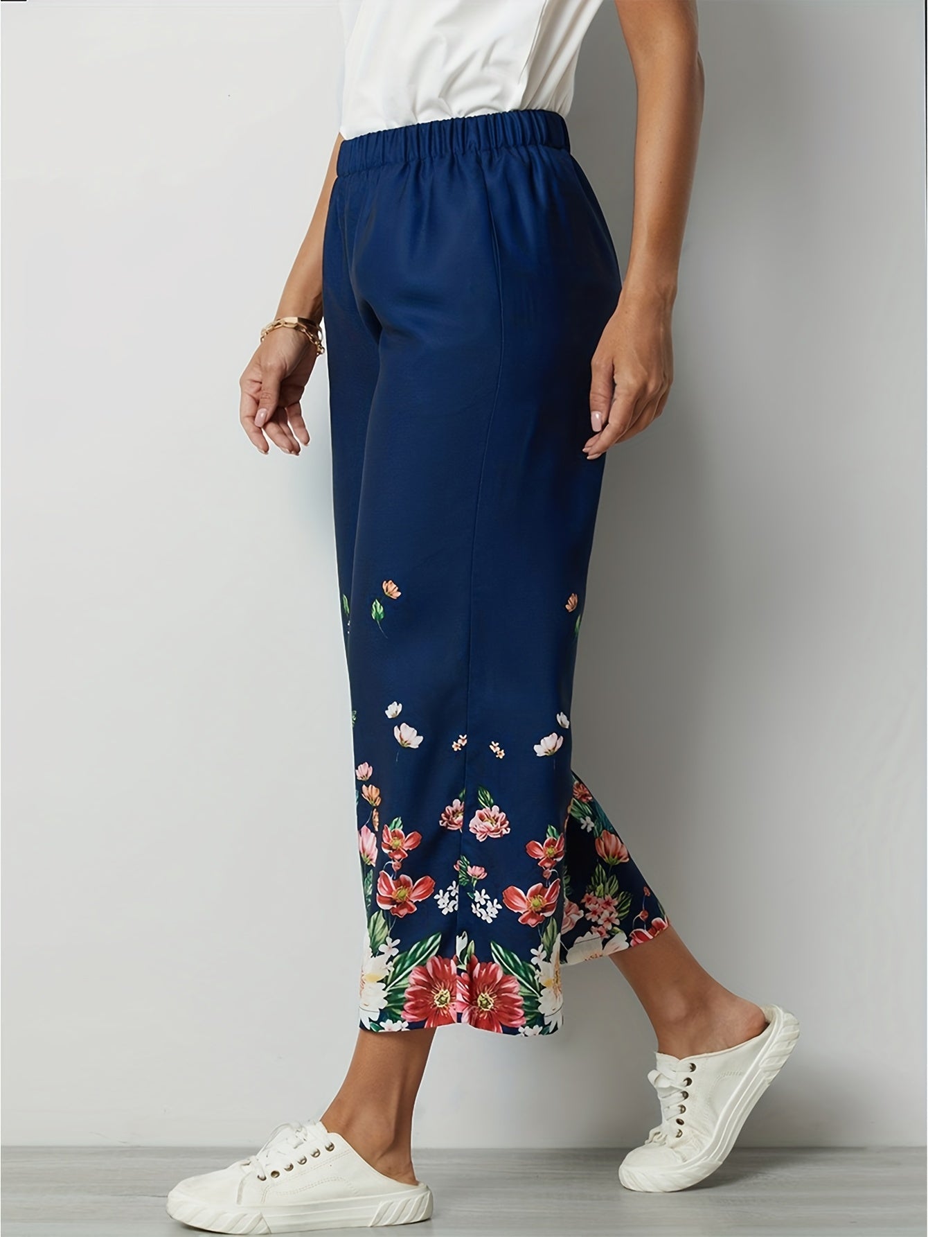  Floral Print Wide Leg Crop Trousers With Pockets