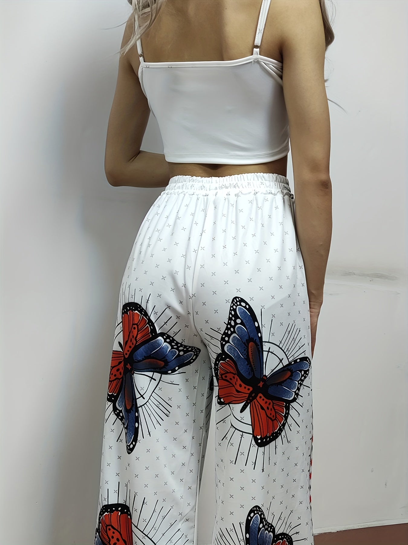 Sexy Butterfly Print Two piece Set Backless Crop Halter Top & Wide Leg Pants