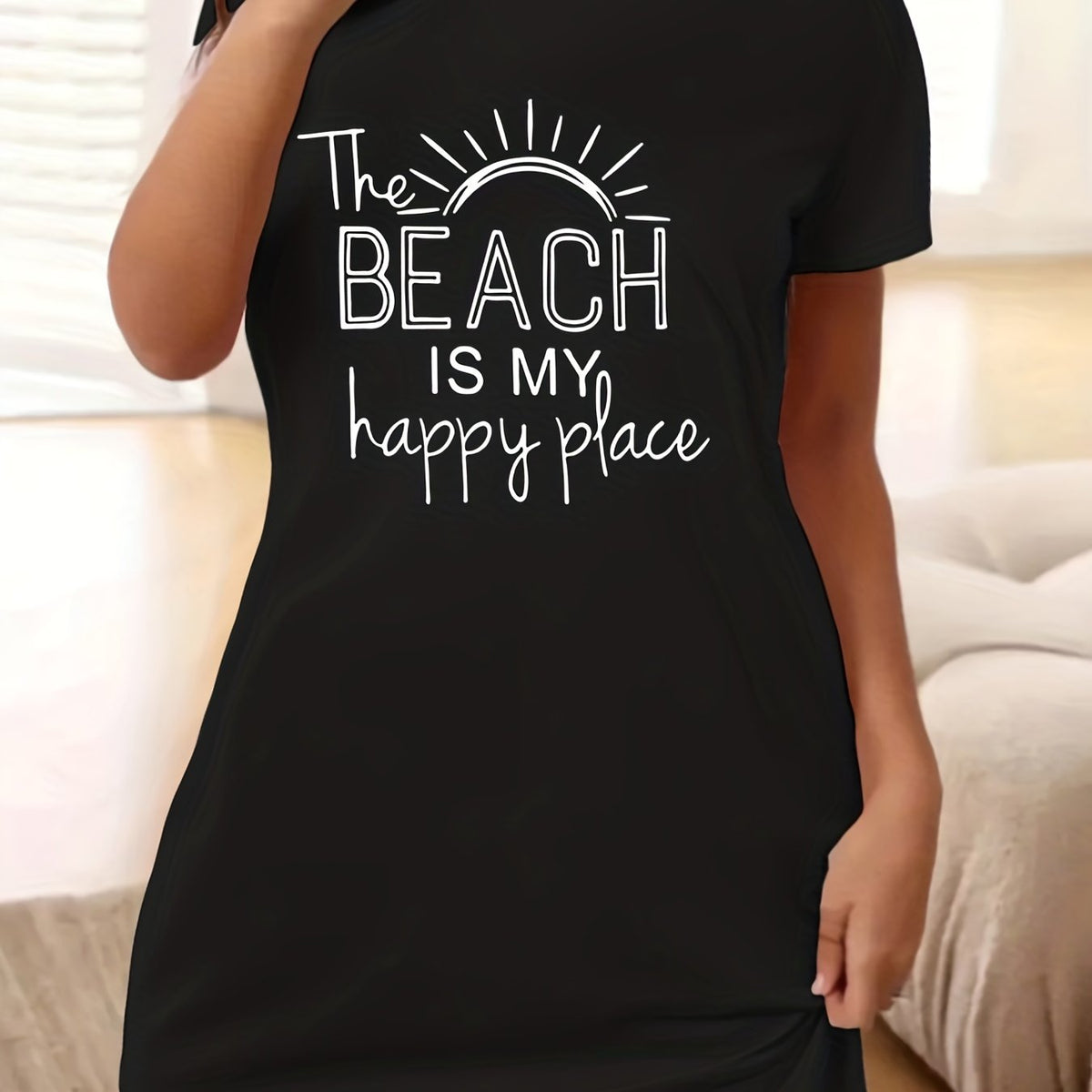  Casual Lounge Dress Women's Plus Slogan Print Short Sleeve