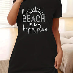  Casual Lounge Dress Women's Plus Slogan Print Short Sleeve
