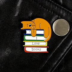 Men's I LOVE BOOK Brooch With Sleeping Kitten On Book