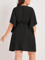 Solid Bell Sleeve Surplice Neck Mini Dress