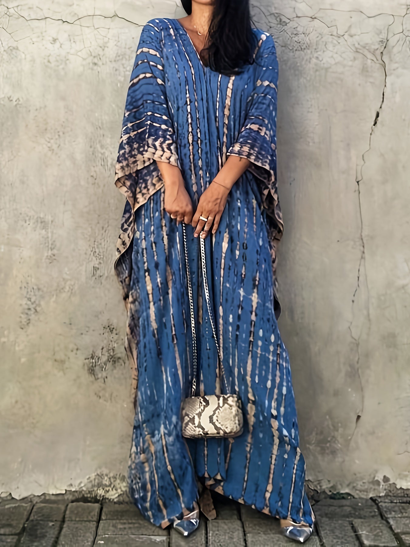  Tie Dye Stripe Cover Up Dress Bat Sleeve Round Neck