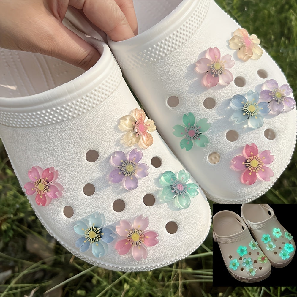 12pcs Luminous Sakura Cherry Blossoms Shoe Charms For Crocs Glow In Dark