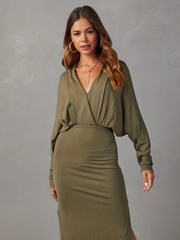  Solid Batwing Sleeve V Neck Bodycon Midi Dress