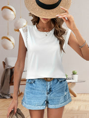 Lace Splicing Short Sleeve Top Solid Summer Casual Crew Neck Tee