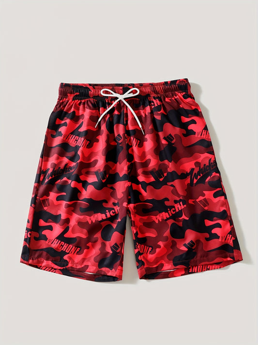 Men's Camo Swim Trunks Drawstring Beach Shorts for Summer