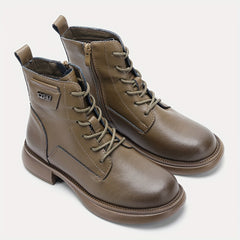 Women's Chunky Heel Lace-Up Side Zipper Leather Boots