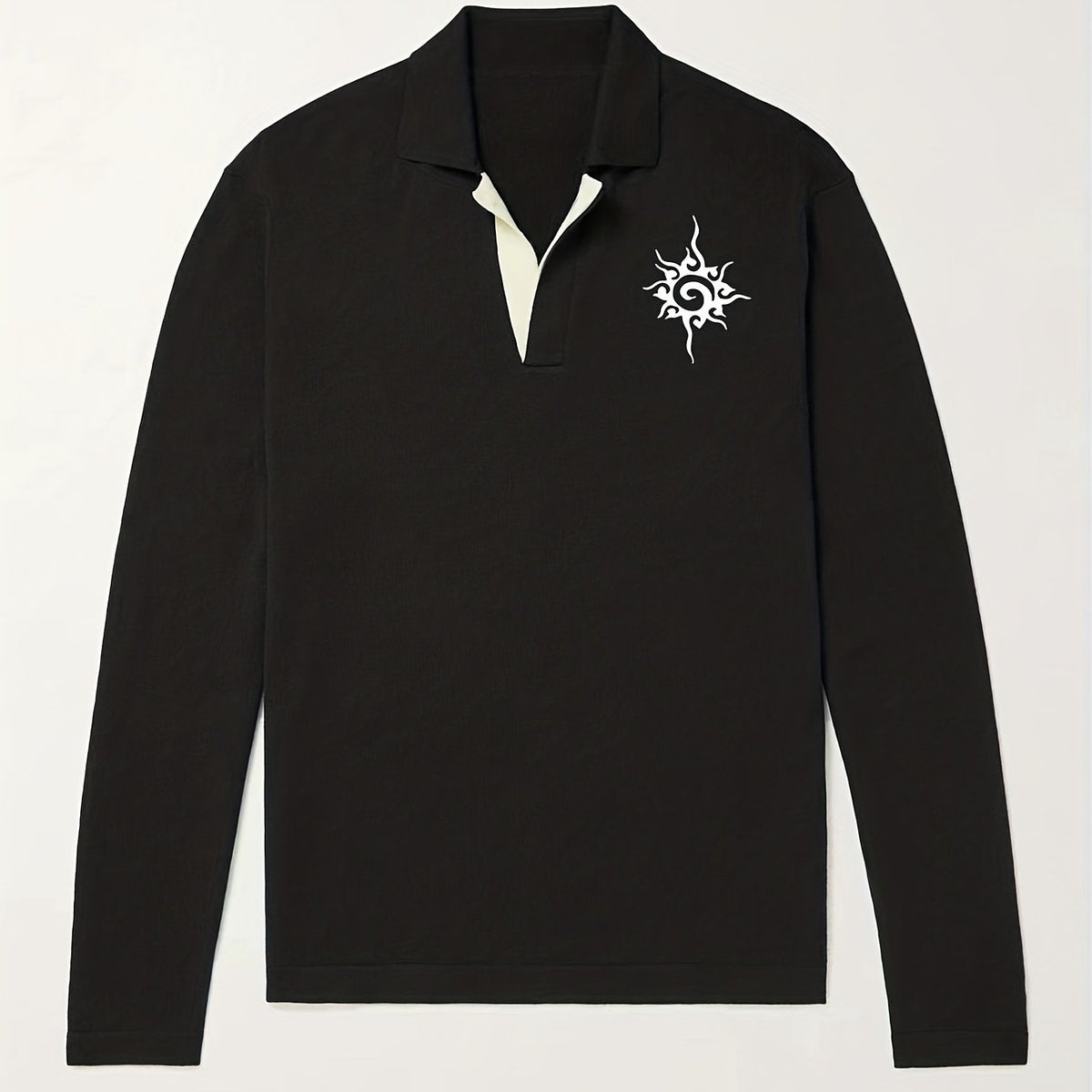 Retro Pattern Knit Polo Shirt Men's Casual Lapel Stretch V Neck Pullover Sweater