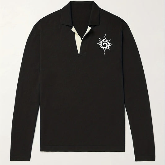 Retro Pattern Knit Polo Shirt Men's Casual Lapel Stretch V Neck Pullover Sweater