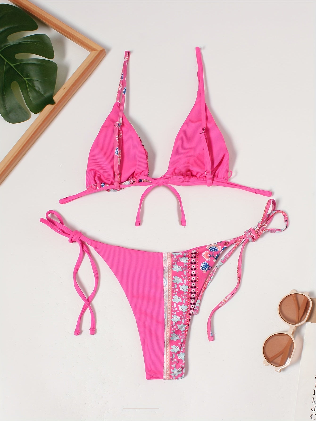 Floral Print Patchwork Bikini Sets Tie Back Backless Beachwear 2 Pieces Swimsuit
