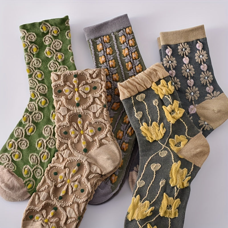 5 Pairs 3D Floral Textured Comfy Mid Tube Socks Women's Stockings