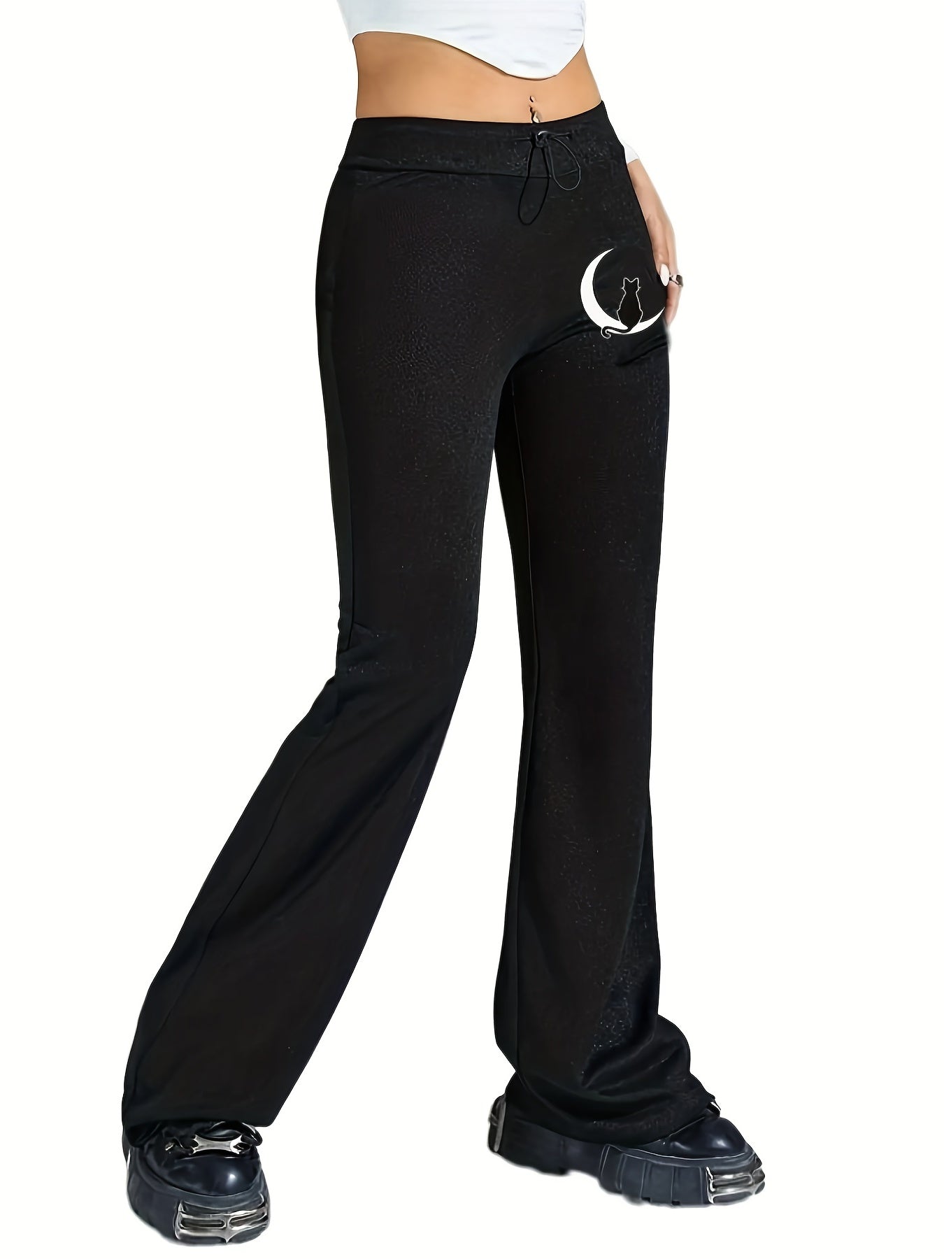  Cat & Moon Print Flared Leg Drawstring Skinny Pants