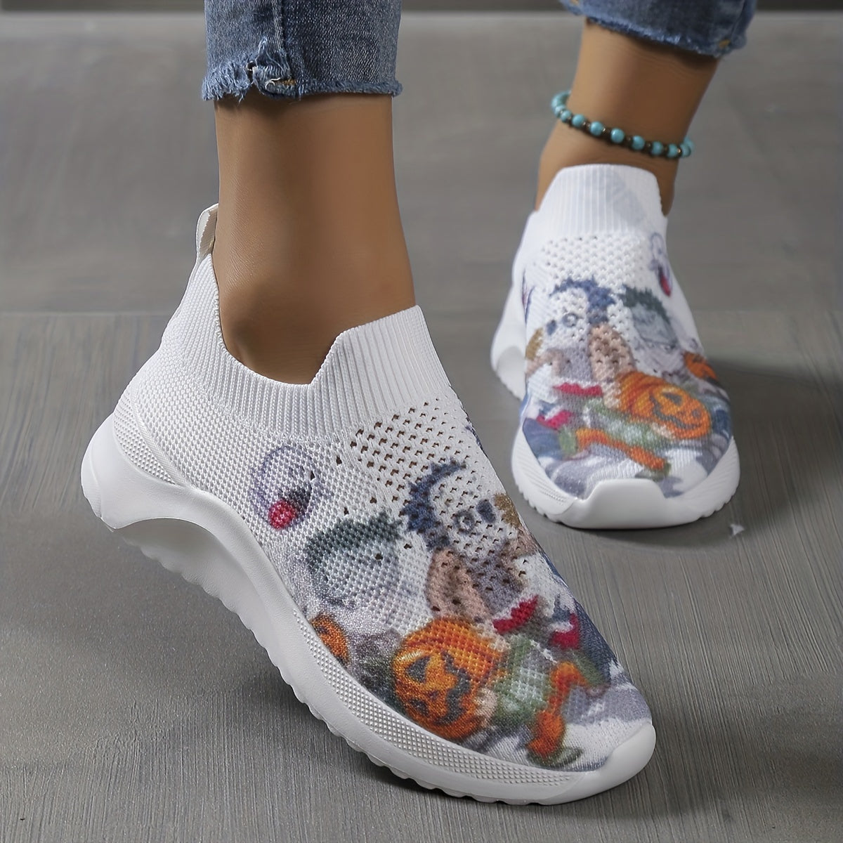 Women's Knitted Sock Shoes Pumpkin Zombie Print Slip On Sneakers