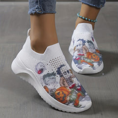 Women's Knitted Sock Shoes Pumpkin Zombie Print Slip On Sneakers