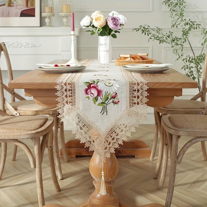 Polyester Table Runner Embroidery Flowers Coffee Lace Fringe for Home Decoration