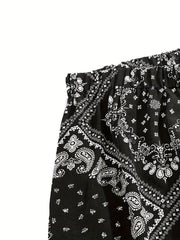  Boho Wide Leg Beach Trousers Elastic Waist Paisley Print Pants