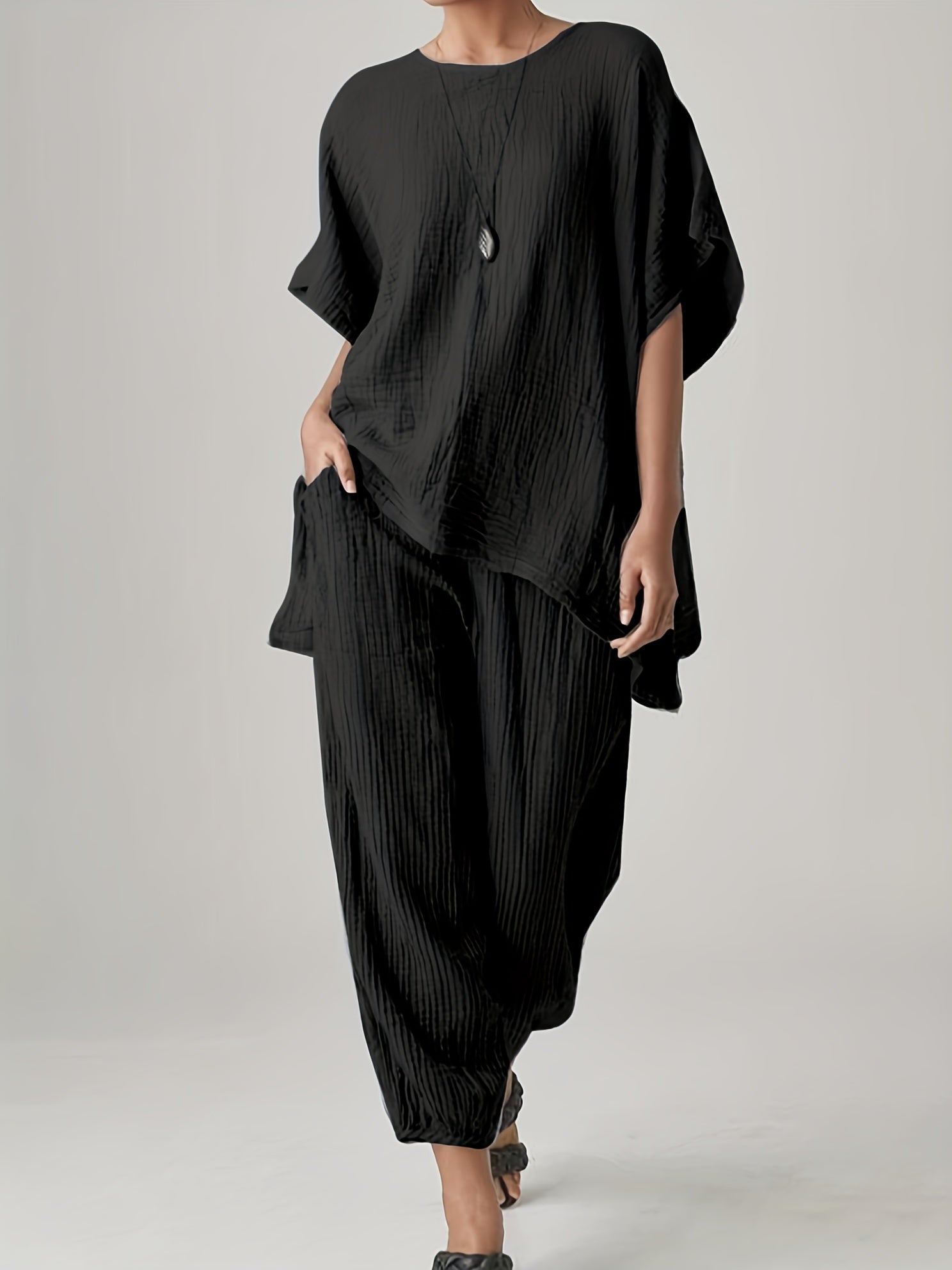  Solid Top & Wide Leg Pants 2 Piece Set